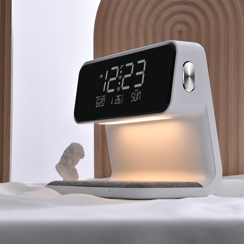 Creative 3 In 1 Bedside Lamp LCD Screen Alarm Clock Wireless Phone Charger