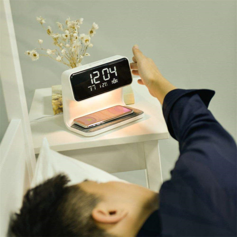 Creative 3 In 1 Bedside Lamp LCD Screen Alarm Clock Wireless Phone Charger