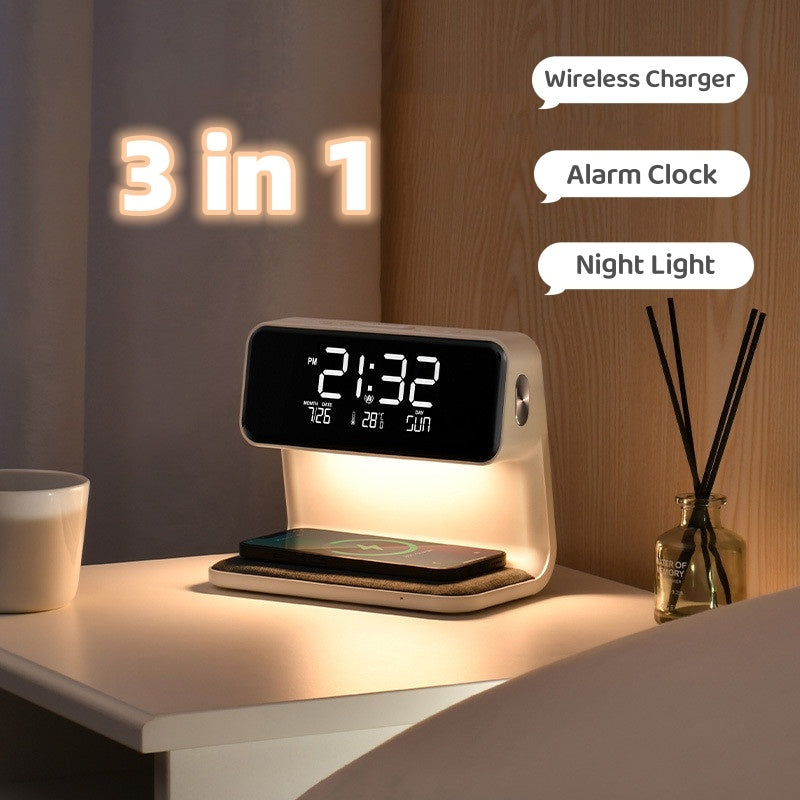 Creative 3 In 1 Bedside Lamp LCD Screen Alarm Clock Wireless Phone Charger