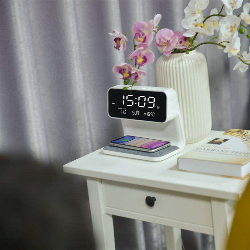 Creative 3 In 1 Bedside Lamp LCD Screen Alarm Clock Wireless Phone Charger