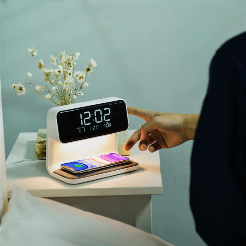 Creative 3 In 1 Bedside Lamp LCD Screen Alarm Clock Wireless Phone Charger